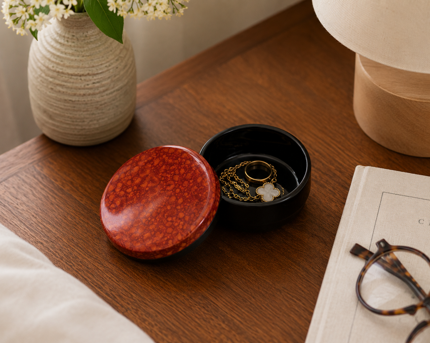 Orange Round Lacquerware Trinket Box - Water Droplets painting