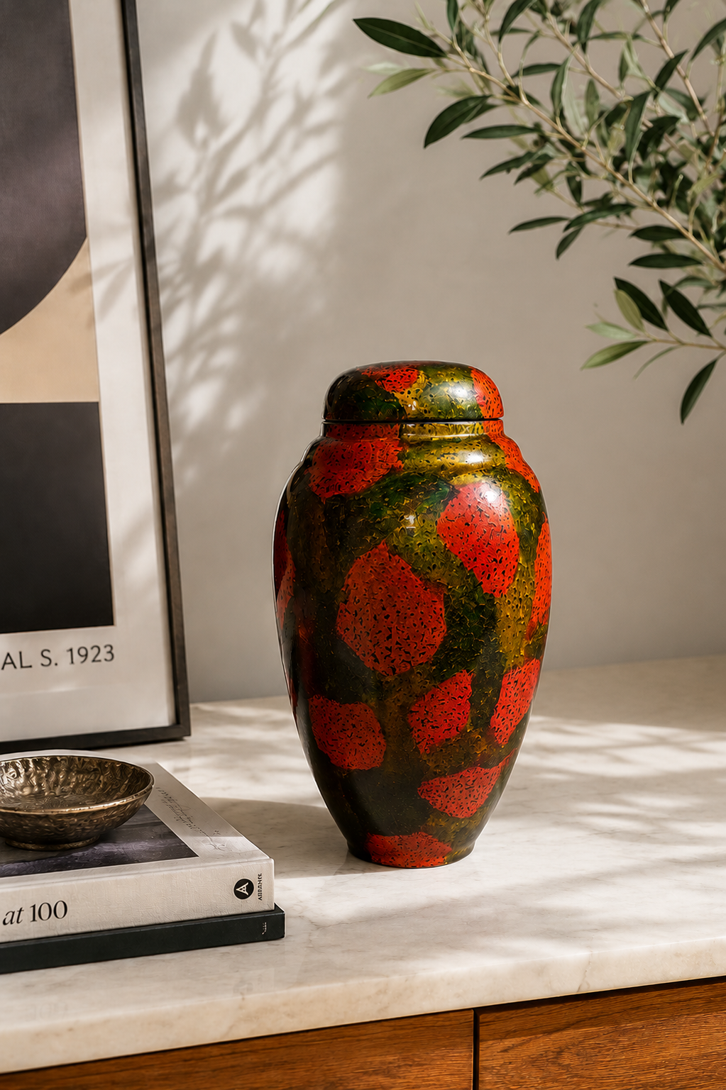 Painted Lacquerware Ginger Jar - Red Patches Design