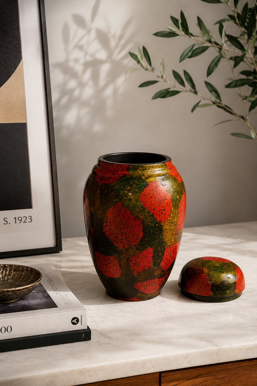 Painted Lacquerware Ginger Jar - Red Patches Design