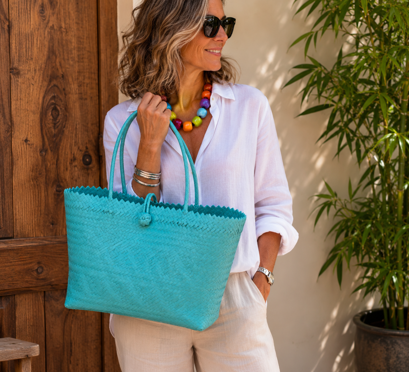 Helping Hands Penan Aqua Handwoven Basket Style Tote Bag