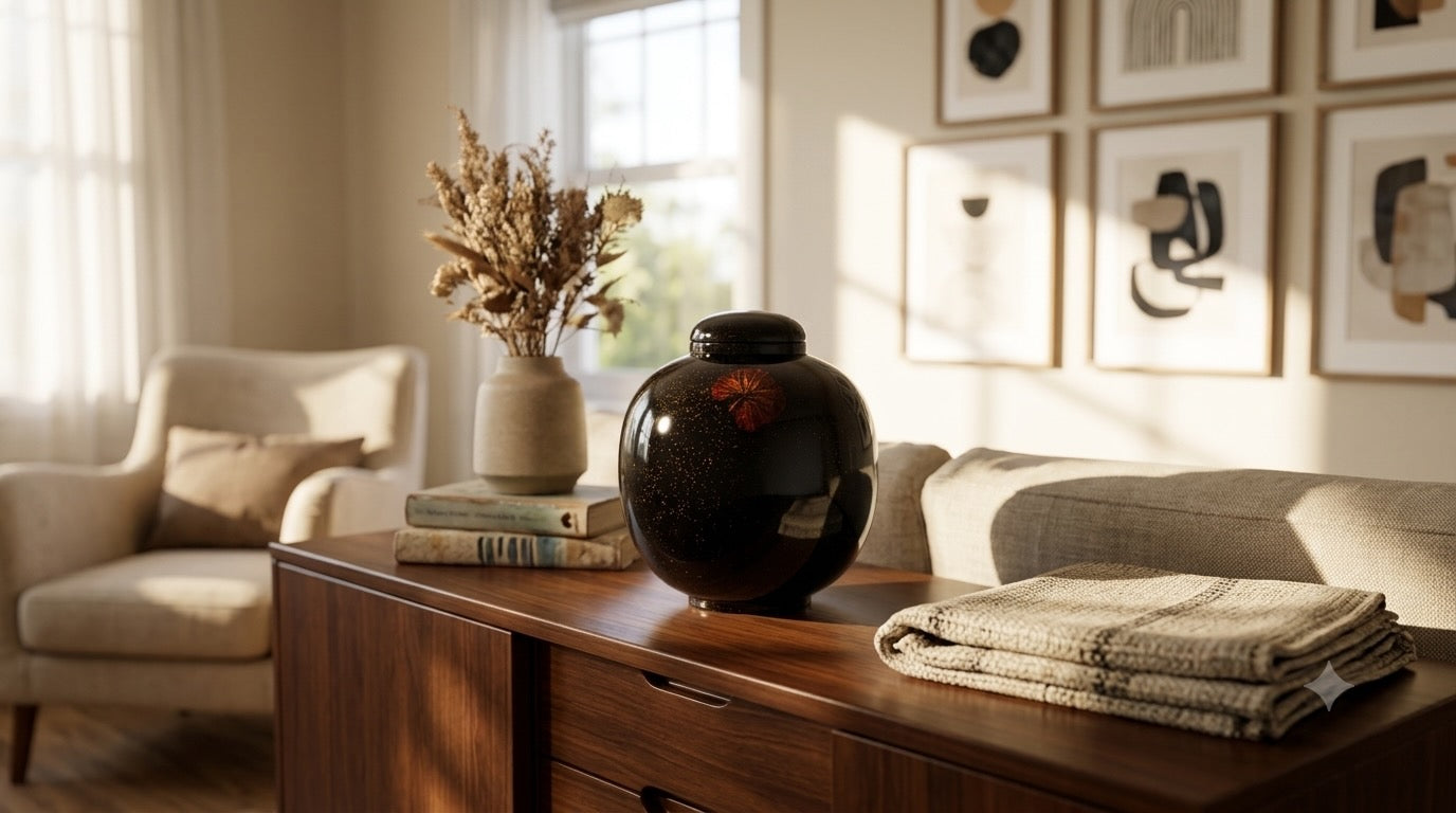 Summer Flowers Black and Red Round Lacquerware Ginger Jar