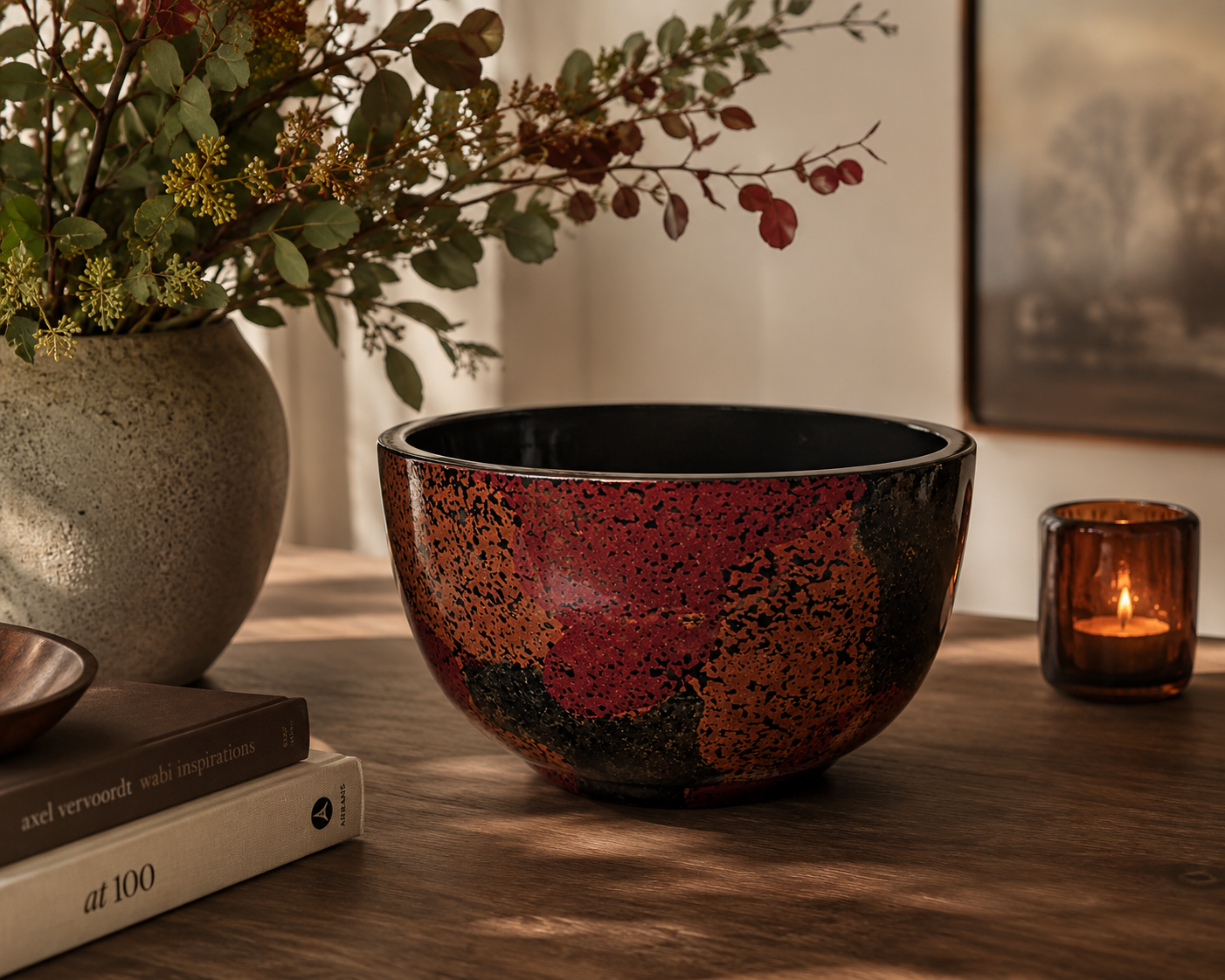 Large Lacquerware Bowl - Handpainted Coloured Patches design