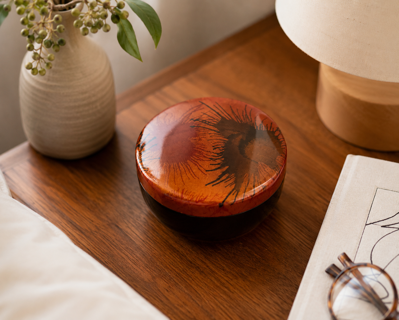 Lacquered Round Trinket Box - Painted Light Fireworks Design