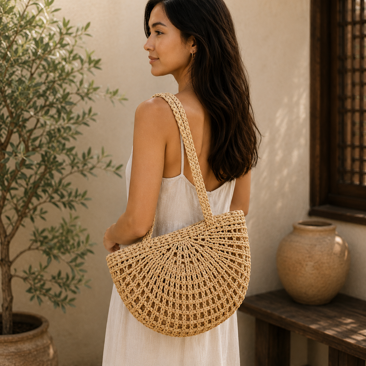 Nanta Open Weave Shoulder Basket Bag - Water Hyacinth