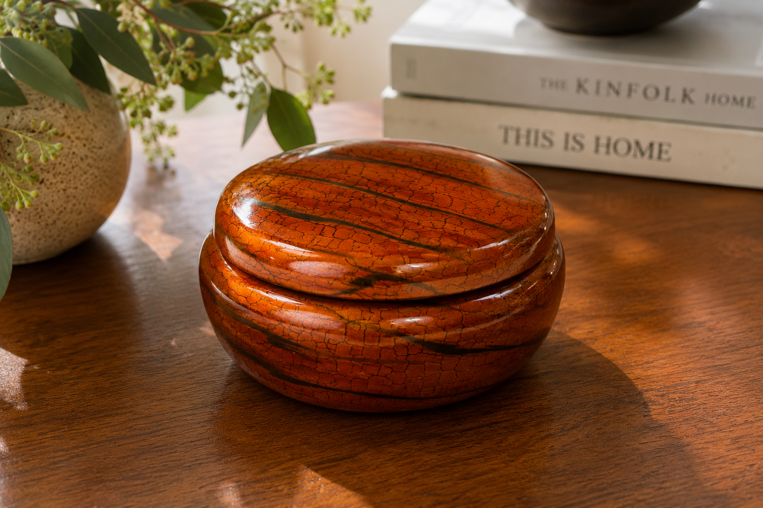 Orange and black Handpainted Round Lacquer Candy Box with Lid