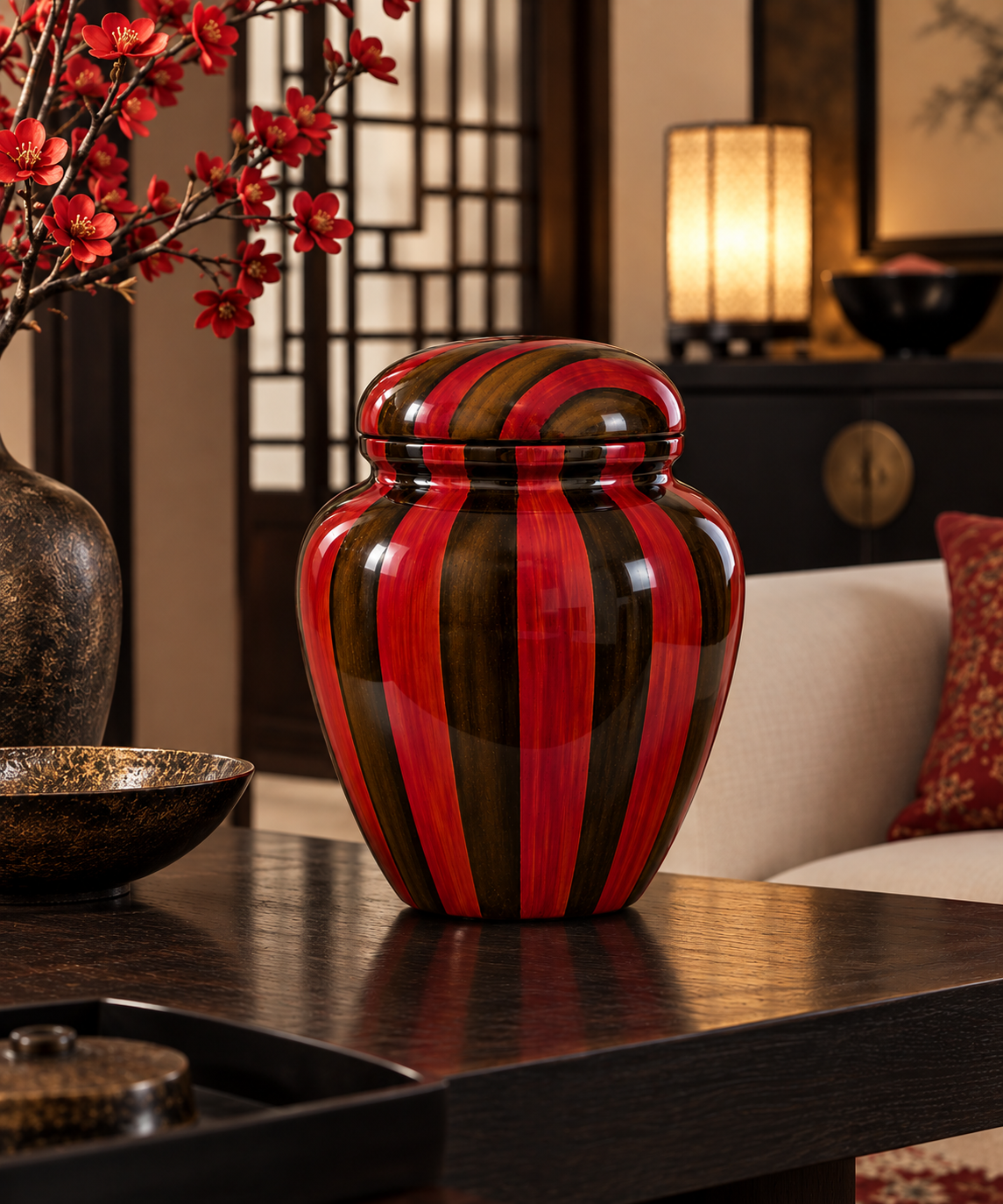 Painted Lacquerware Ginger Jar - red and bronze striped design