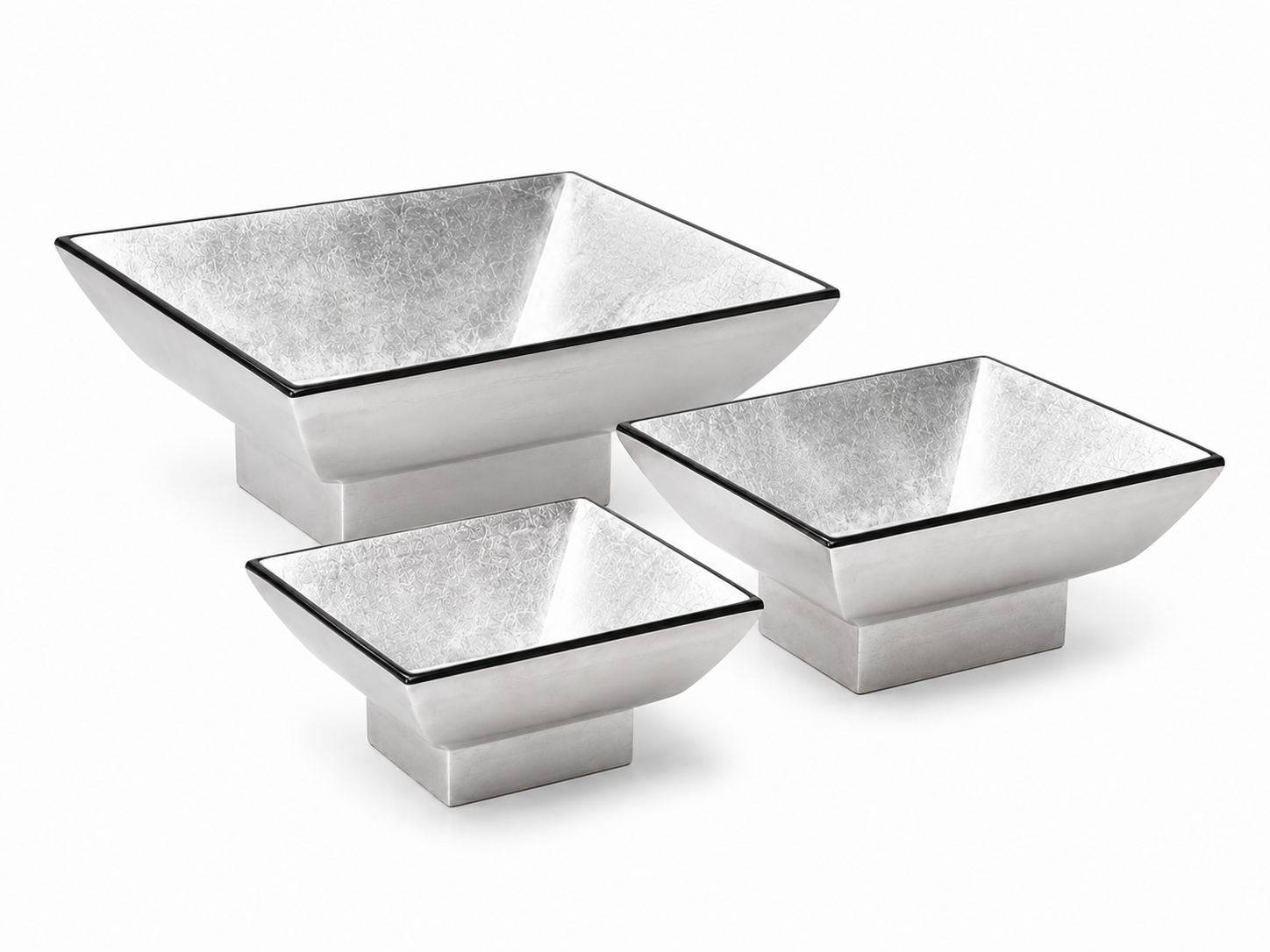 Metallic Silver Lacquerware Square Bowl Set - 3 in set