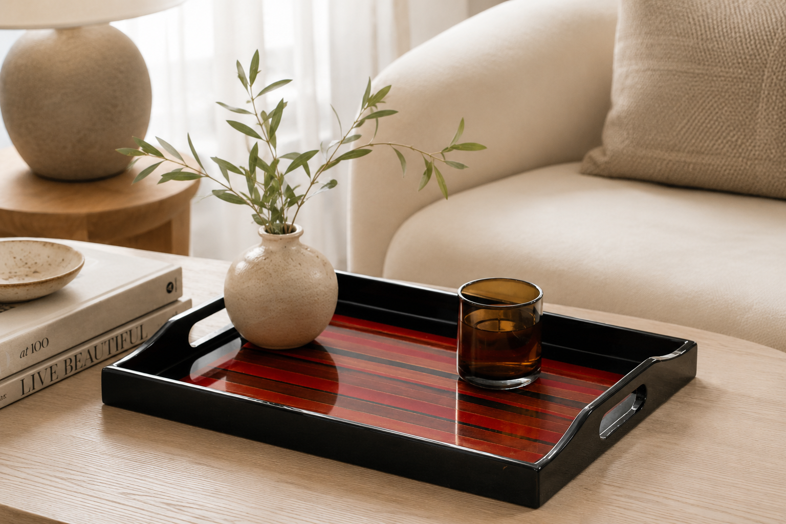 Lacquerware Rectangle Tray with Handles - choose your colour