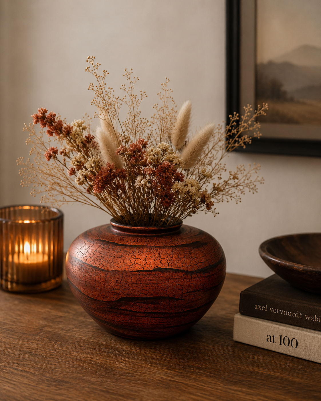 Round Painted Lacquerware Vase - Orange and Black Tree Bark Design