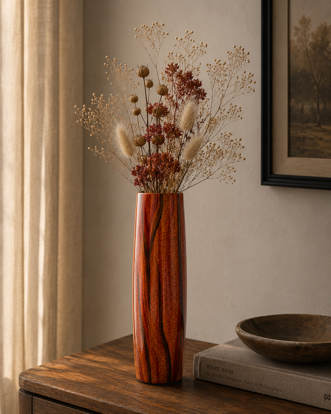 Small Lacquerware Painted Vase - Orange Tree Bark Design