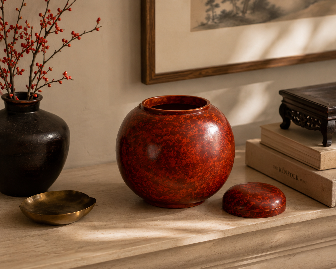 Red and Black Painted Rounded Lacquerware Ginger Jar