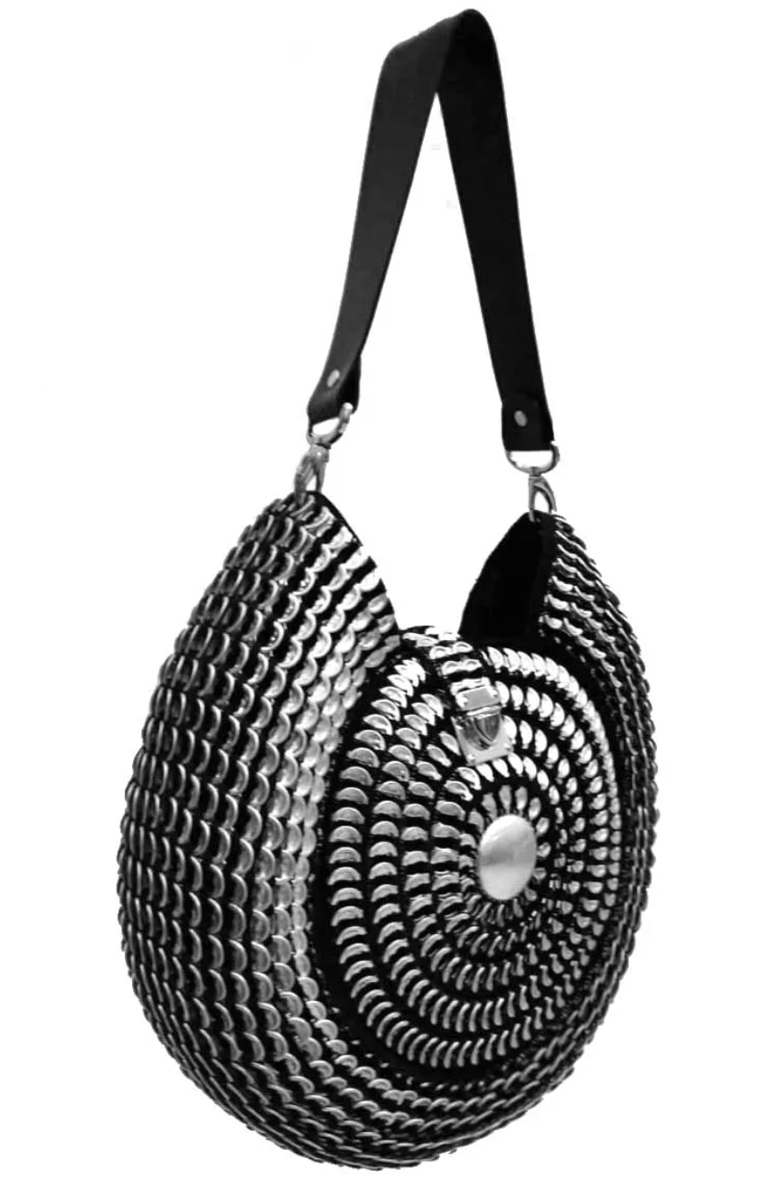 Solene M &quot;Oasis&quot; Snail Shaped Black and Silver Bag, made from recycled Can Pull Tabs