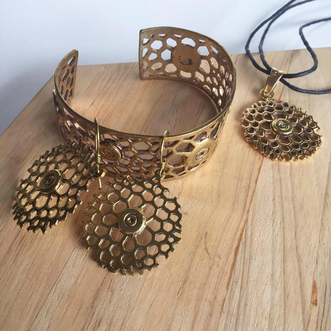Brass Honeycomb Drop Earrings-Angkor Bullet Jewellery Cambodia-Temples and Markets