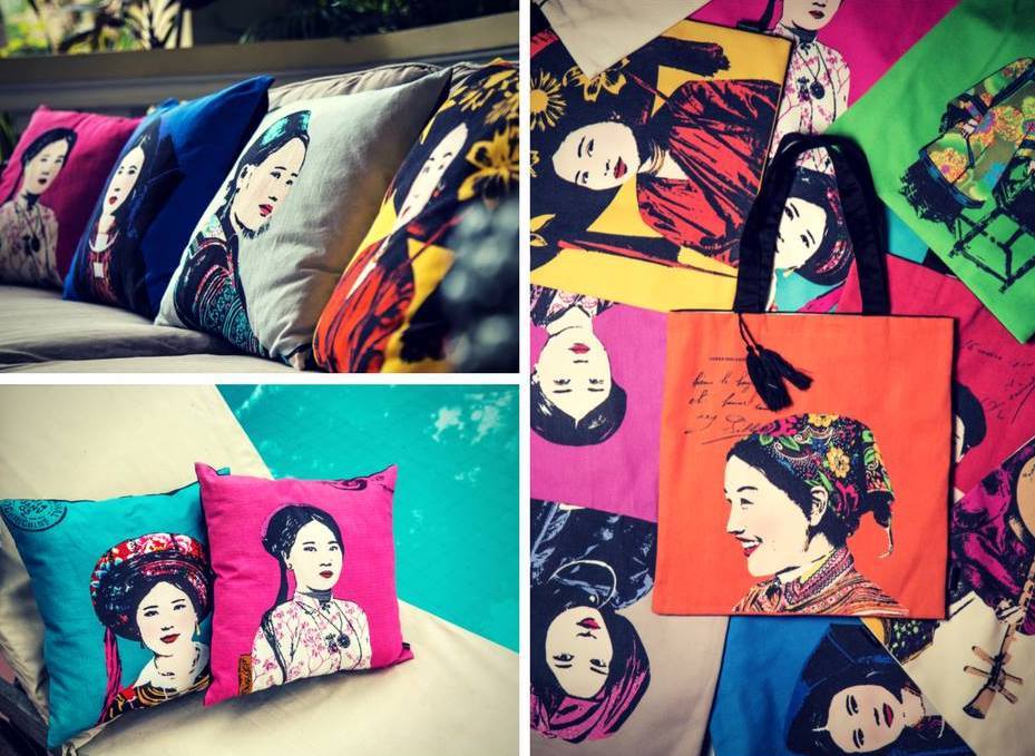 Eugenie Darge Portrait of Miss Lam on Turquoise Background Cushion-EUGENIE DARGE-Temples and Markets