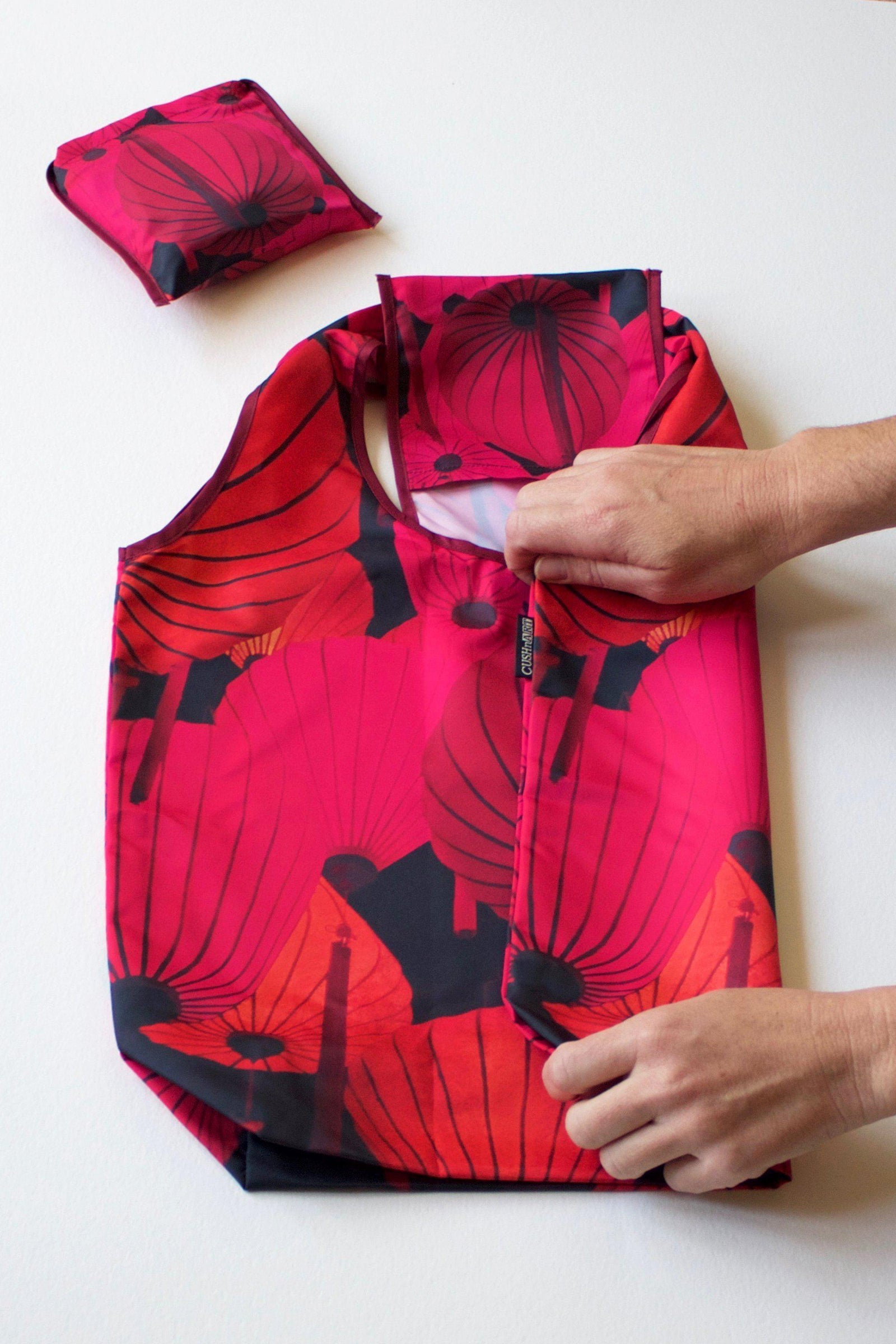 Red Lantern Foldable Tote Bag-CUSHnART-Temples and Markets