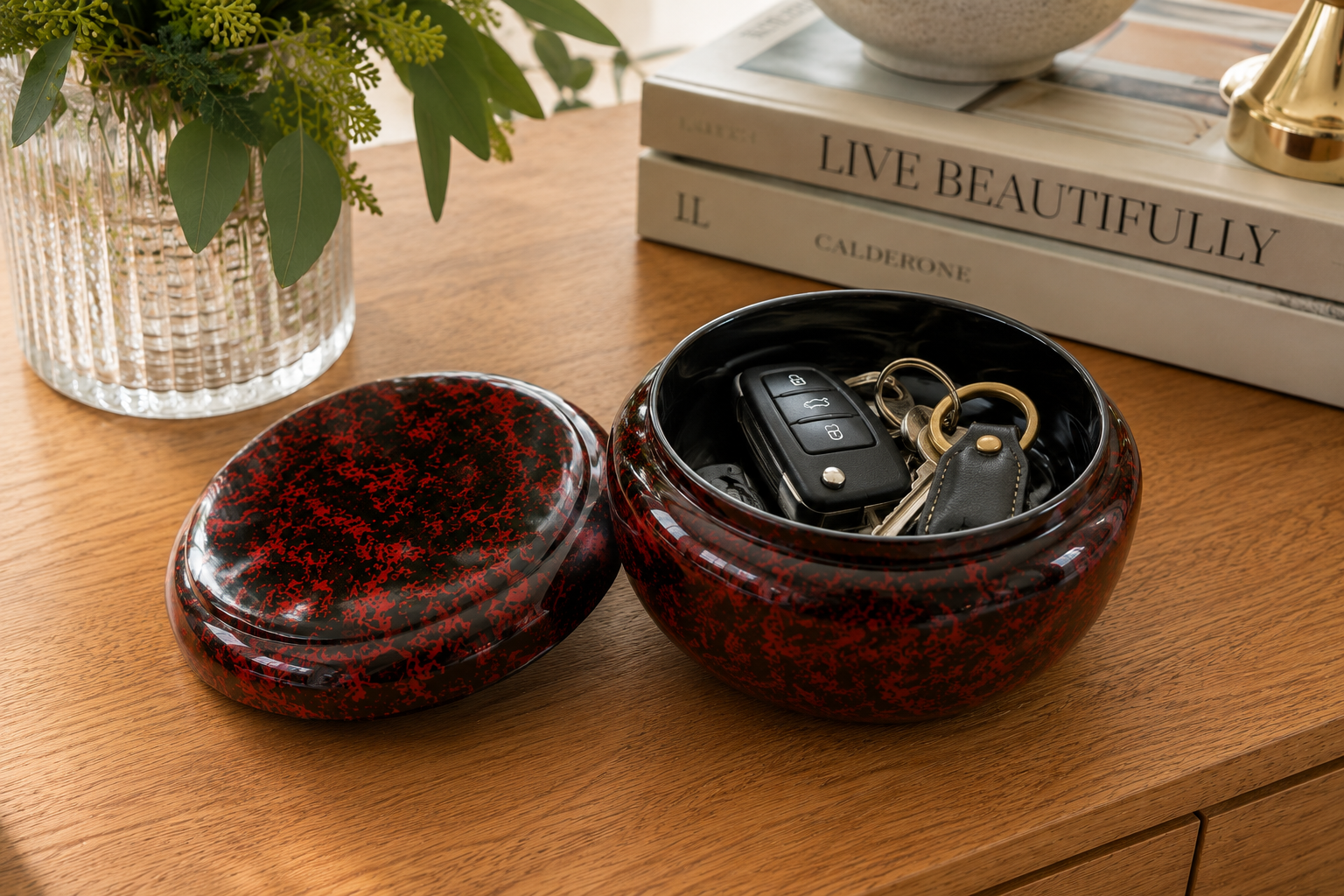 Black and Red Handpainted Round Lacquer Candy Box with Lid