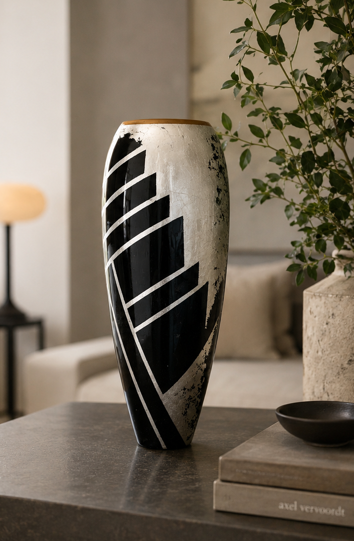 Tall Black &amp; Silver Handpainted Lacquer Vase