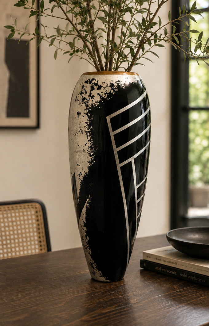 Tall Black &amp; Silver Handpainted Lacquer Vase