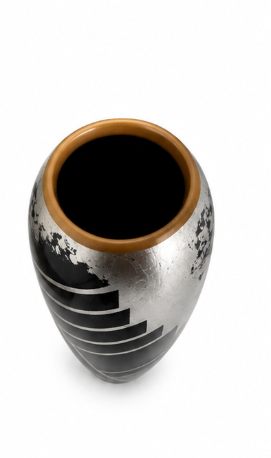 Tall Black &amp; Silver Handpainted Lacquer Vase