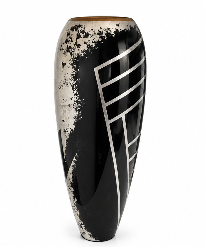 Tall Black &amp; Silver Handpainted Lacquer Vase