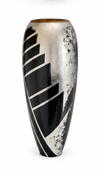 Tall Black &amp; Silver Handpainted Lacquer Vase
