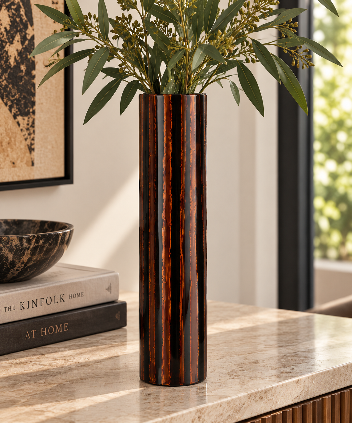 Tall Handpainted Lacquer Vase - Orange and Brown Striped Design