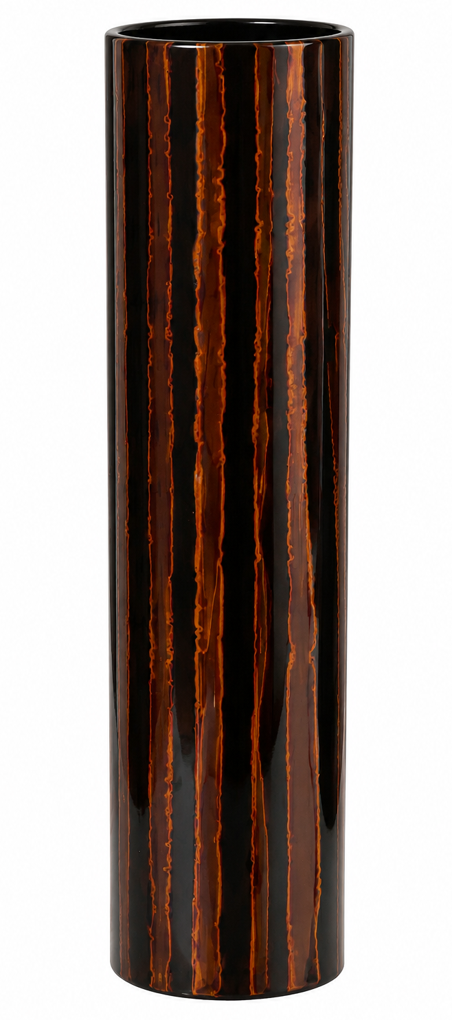 Tall Handpainted Lacquer Vase - Orange and Brown Striped Design