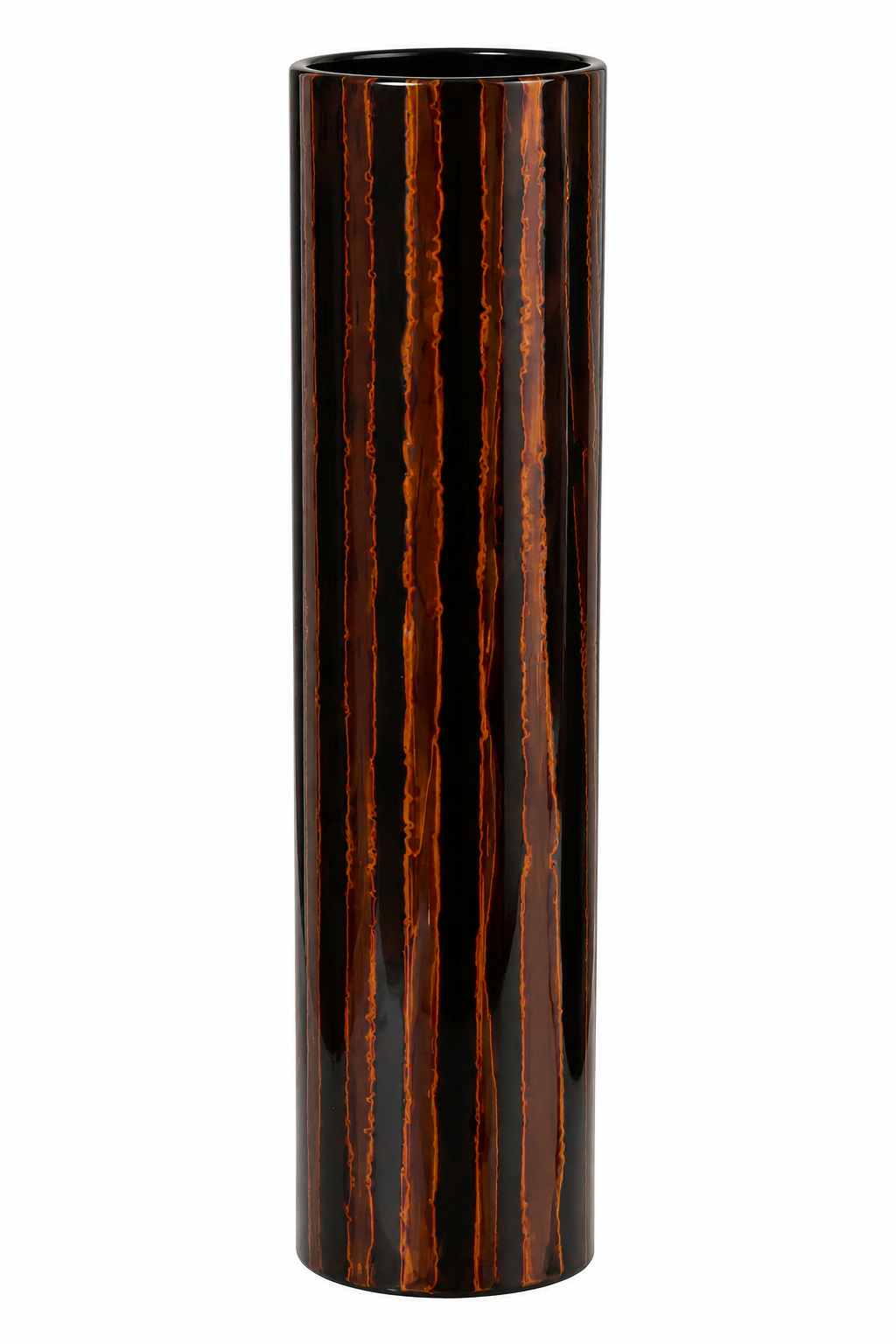 Tall Handpainted Lacquer Vase - Orange and Brown Striped Design