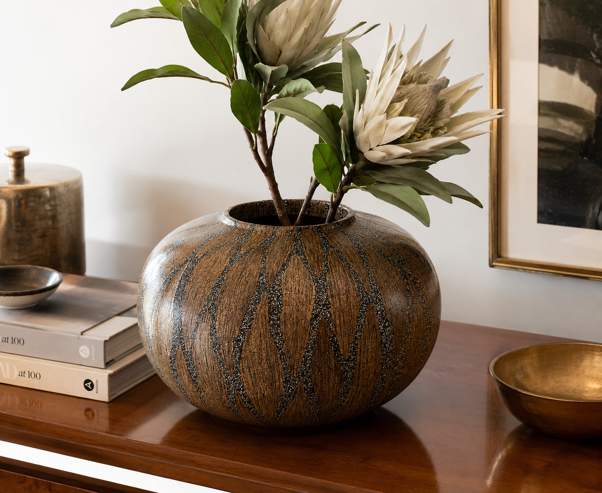 Handpainted Round Brown Lacquer Vase