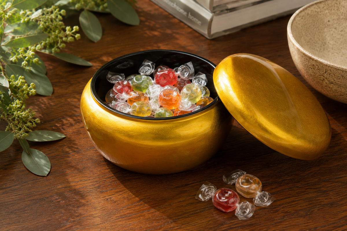 Gold Handpainted Lacquer Round Candy Box with Lid