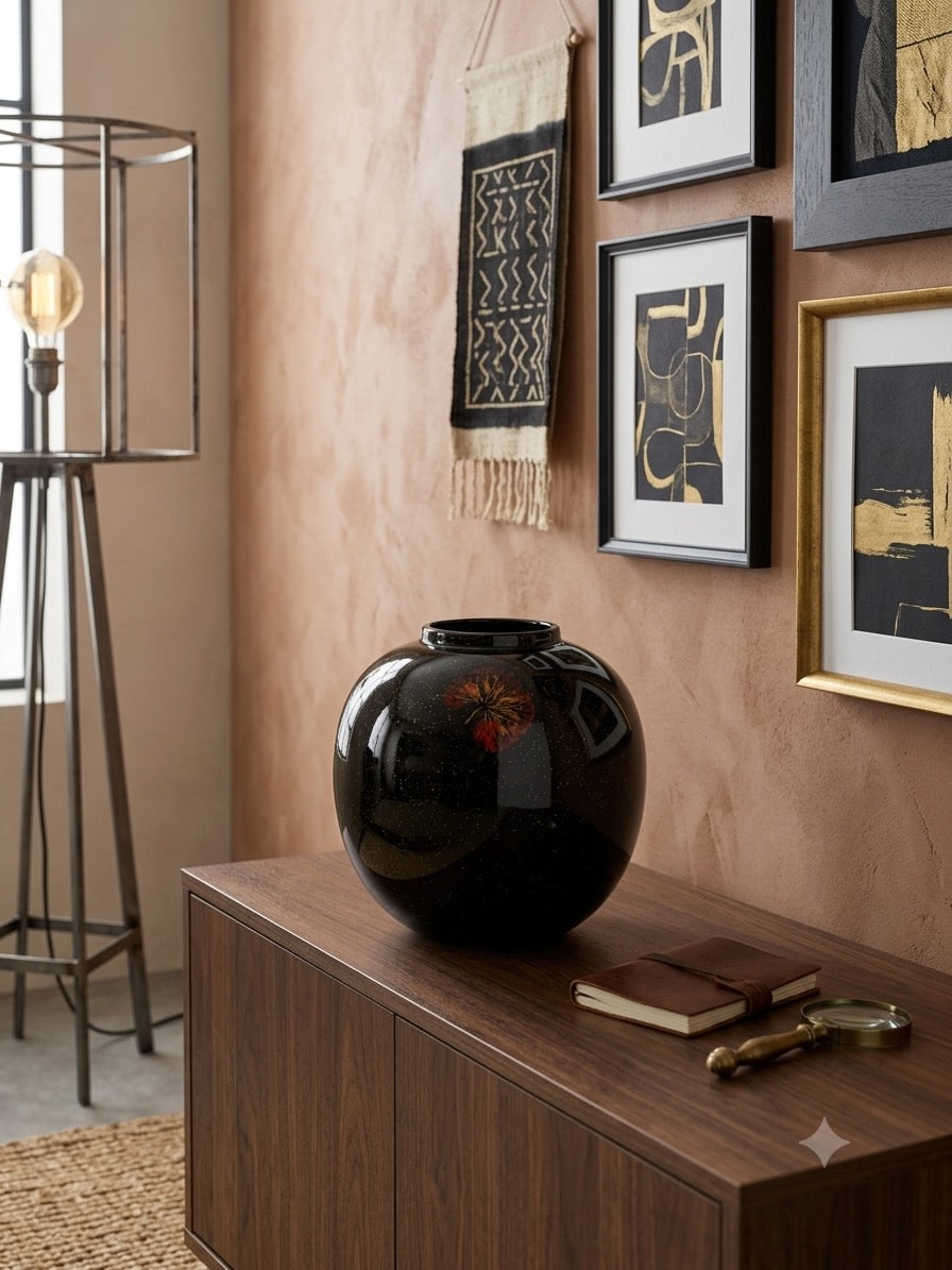 Summer Flowers Black and Red Round Lacquerware Ginger Jar