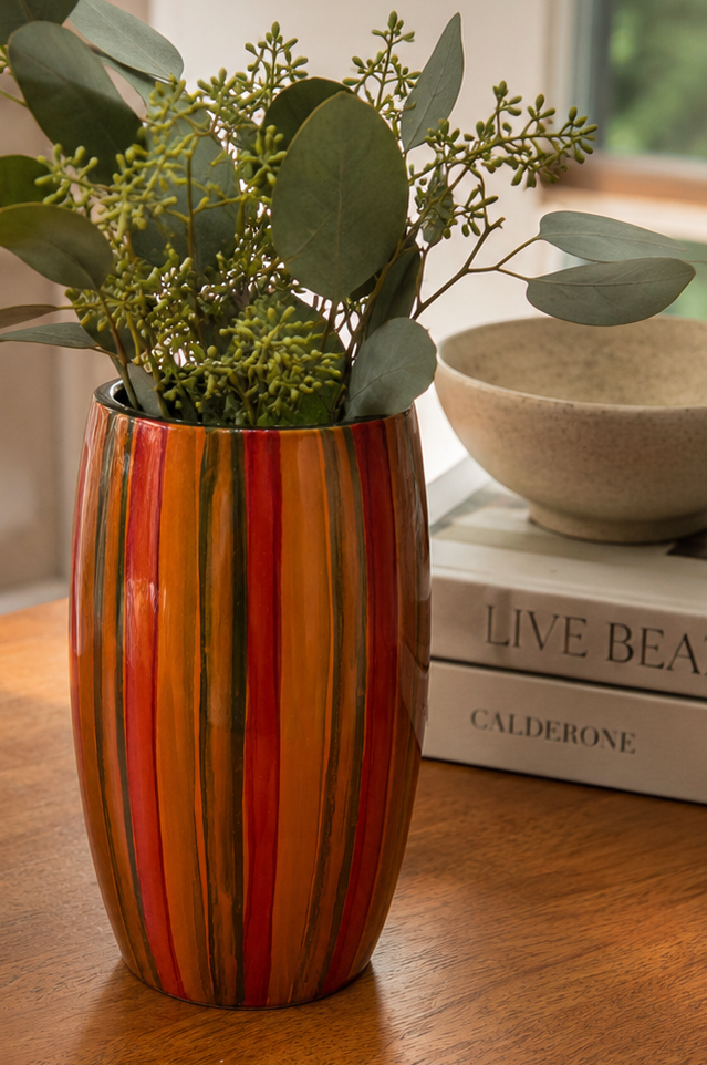 Orange & Red Striped Oval Lacquer Vase