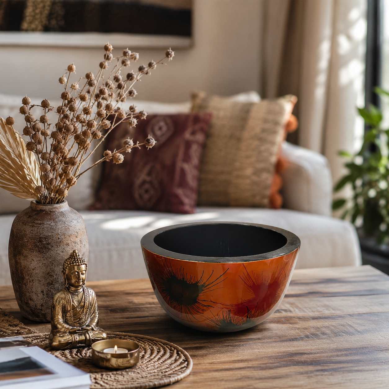 Large handpainted Lacquerware Bowl - light fireworks pattern