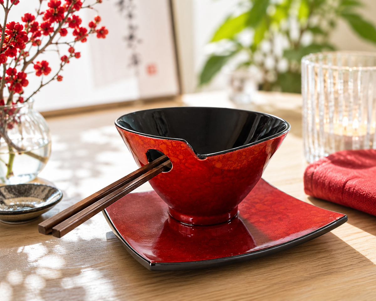 Hand-painted Lacquer Bowl with Square Plate - Dark Orange pattern