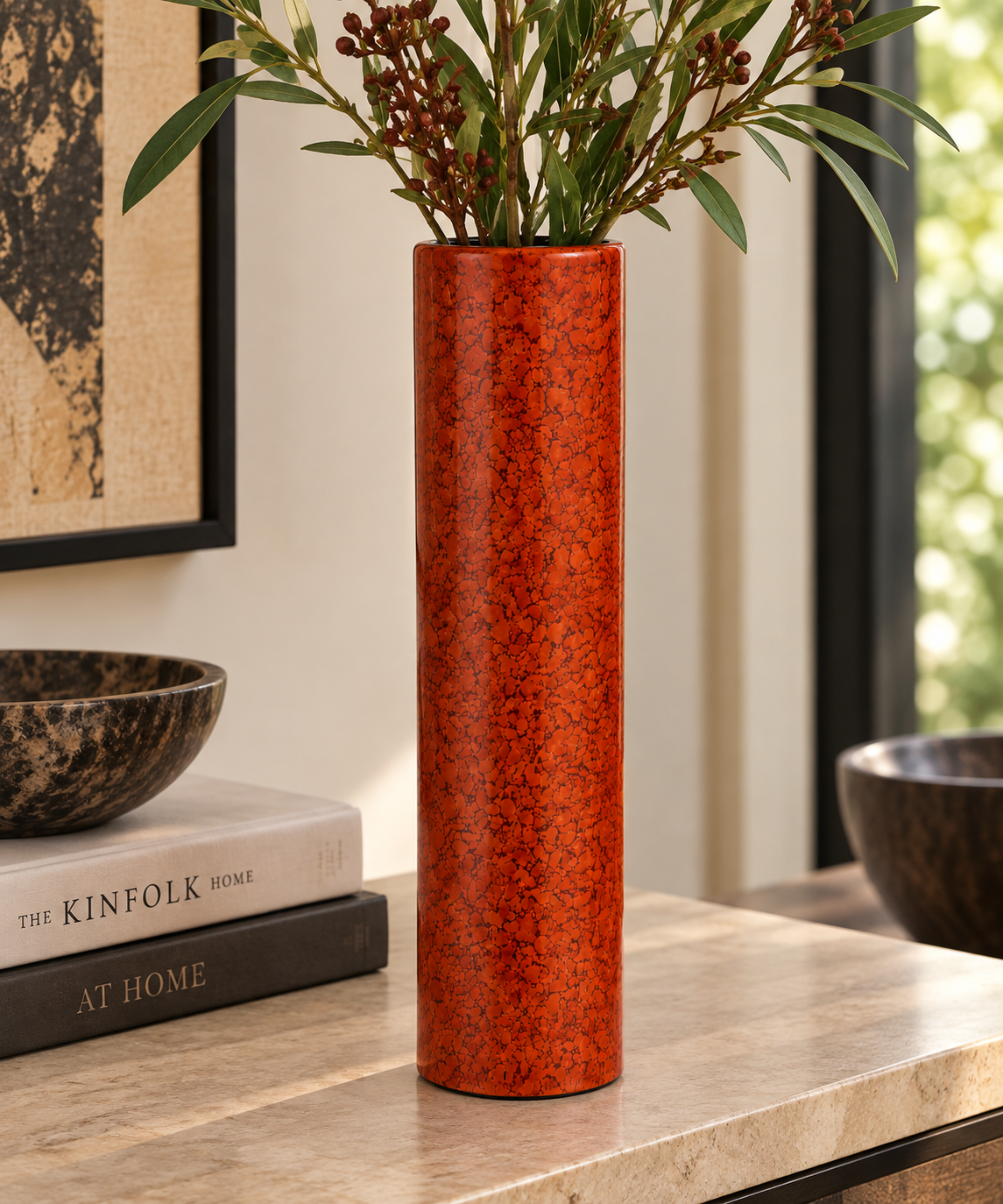 Tall Handpainted Lacquer Vase - Orange Droplet Design