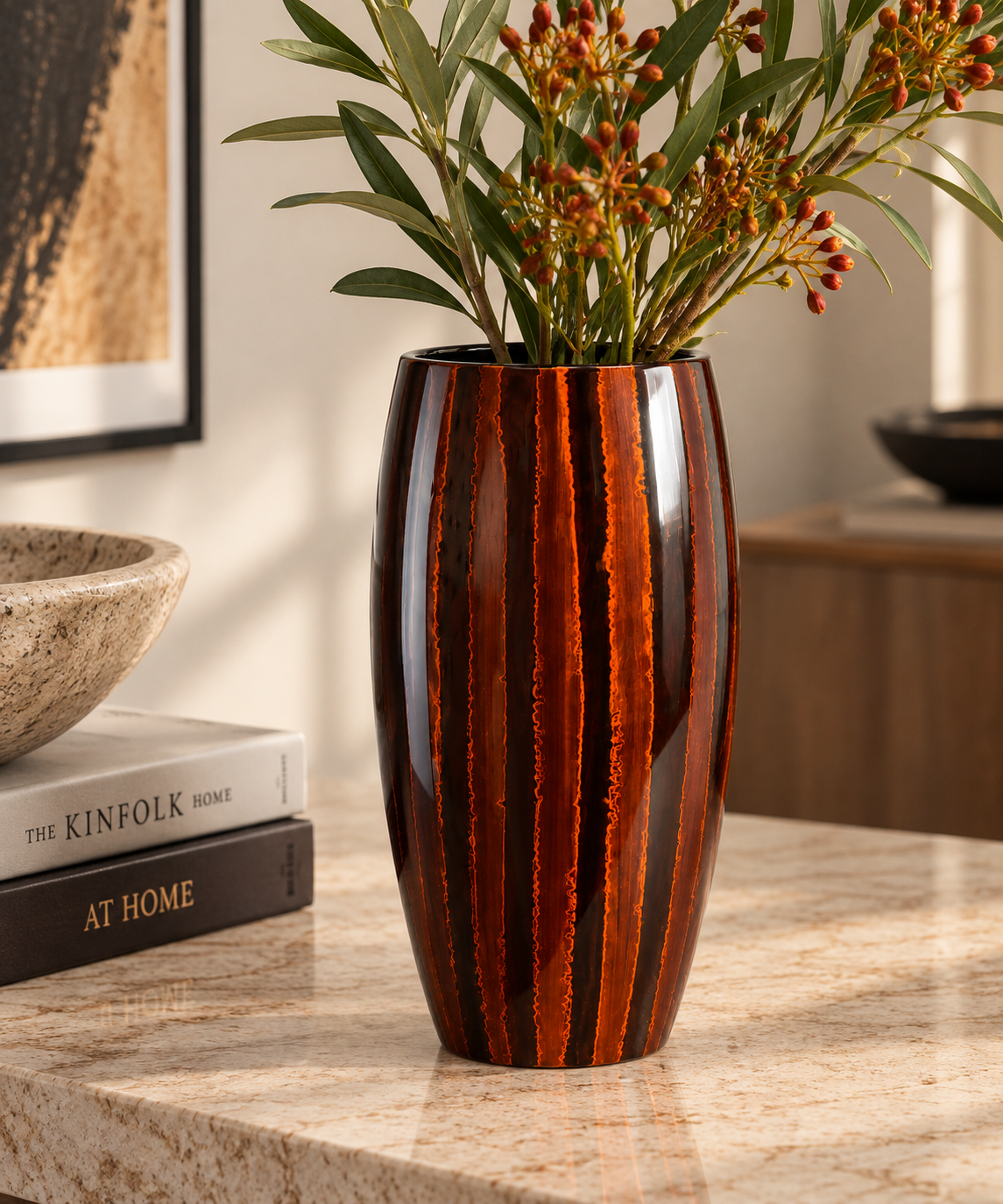 Bronze Orange Stripe Handpainted Oval Lacquer Vase