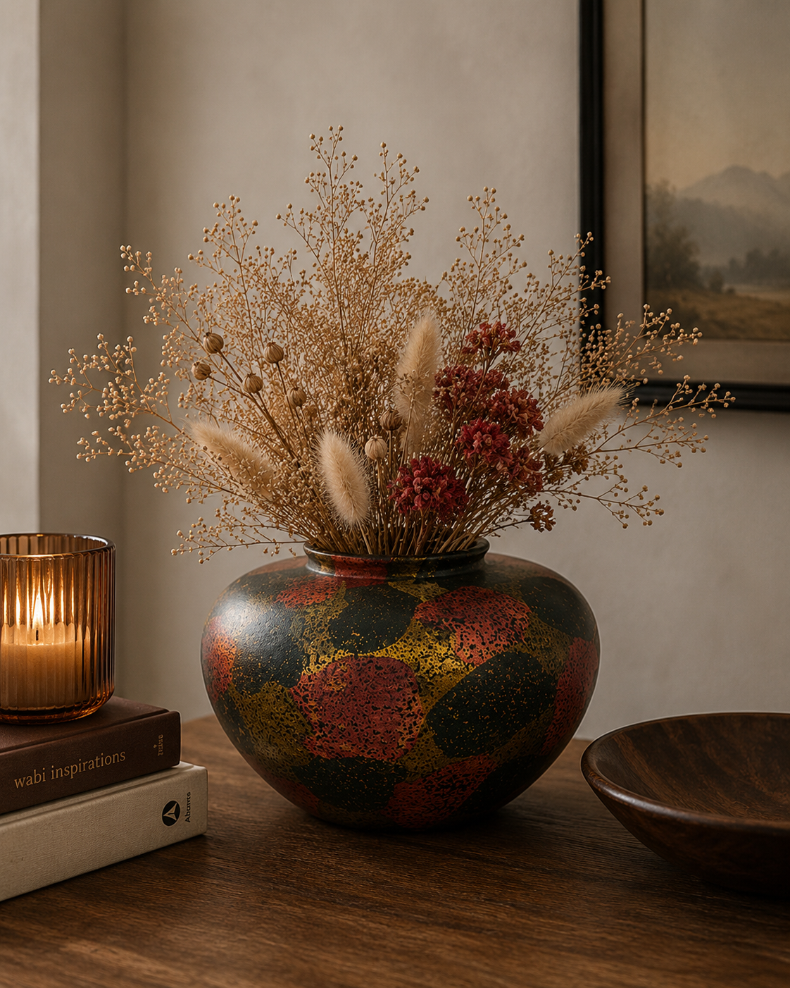 Splashes of Gold and Red Painted Round Vase