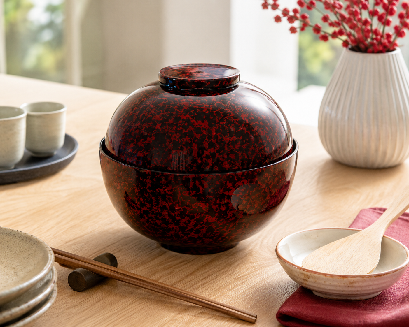 Large Black and Red Lacquerware Two Bowl Set