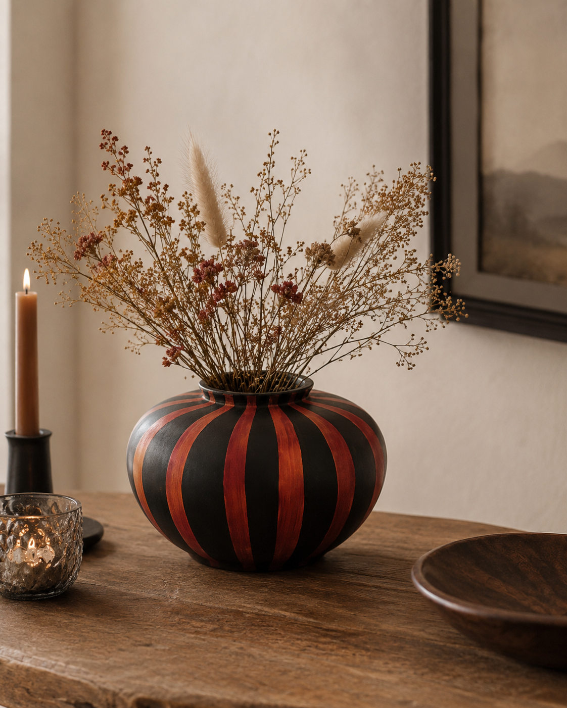 Round Painted Lacquerware Vase - Red and Black Striped Design
