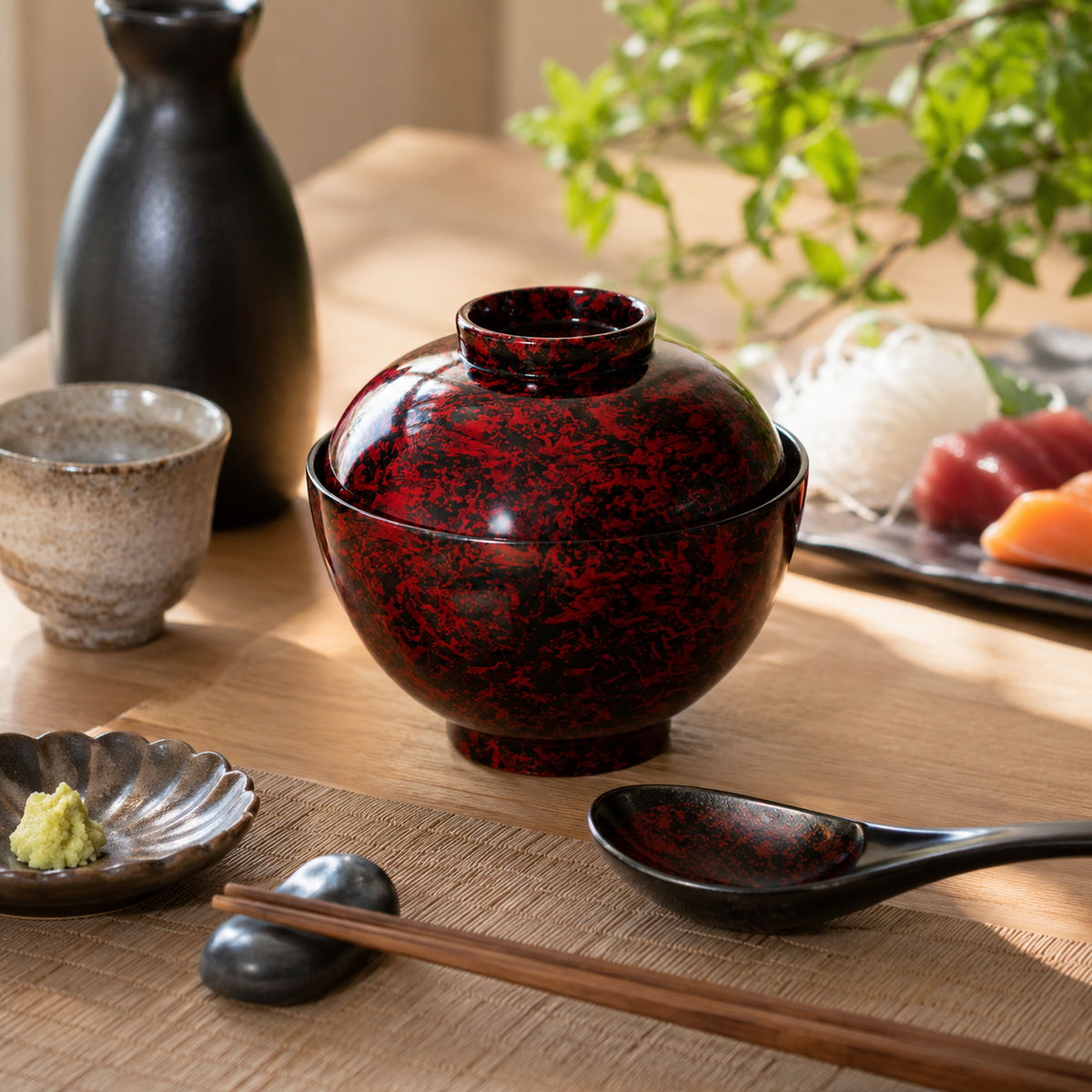Black and Red Patterned Bowl with Lid - Miso Soup or Rice Bowl