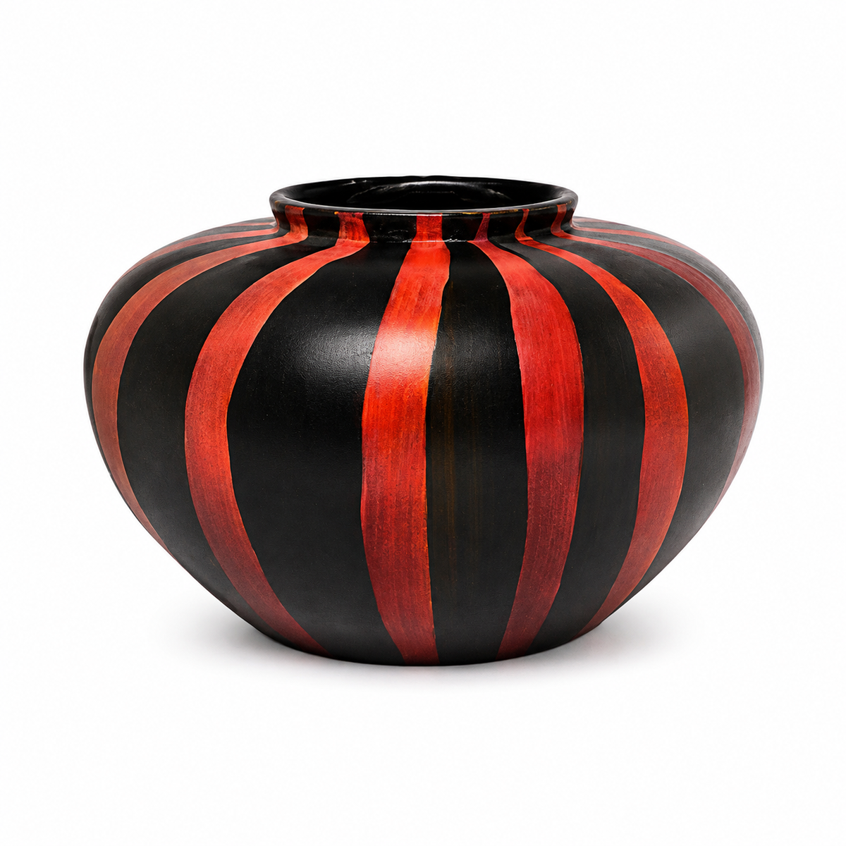 Round Painted Lacquerware Vase - Red and Black Striped Design