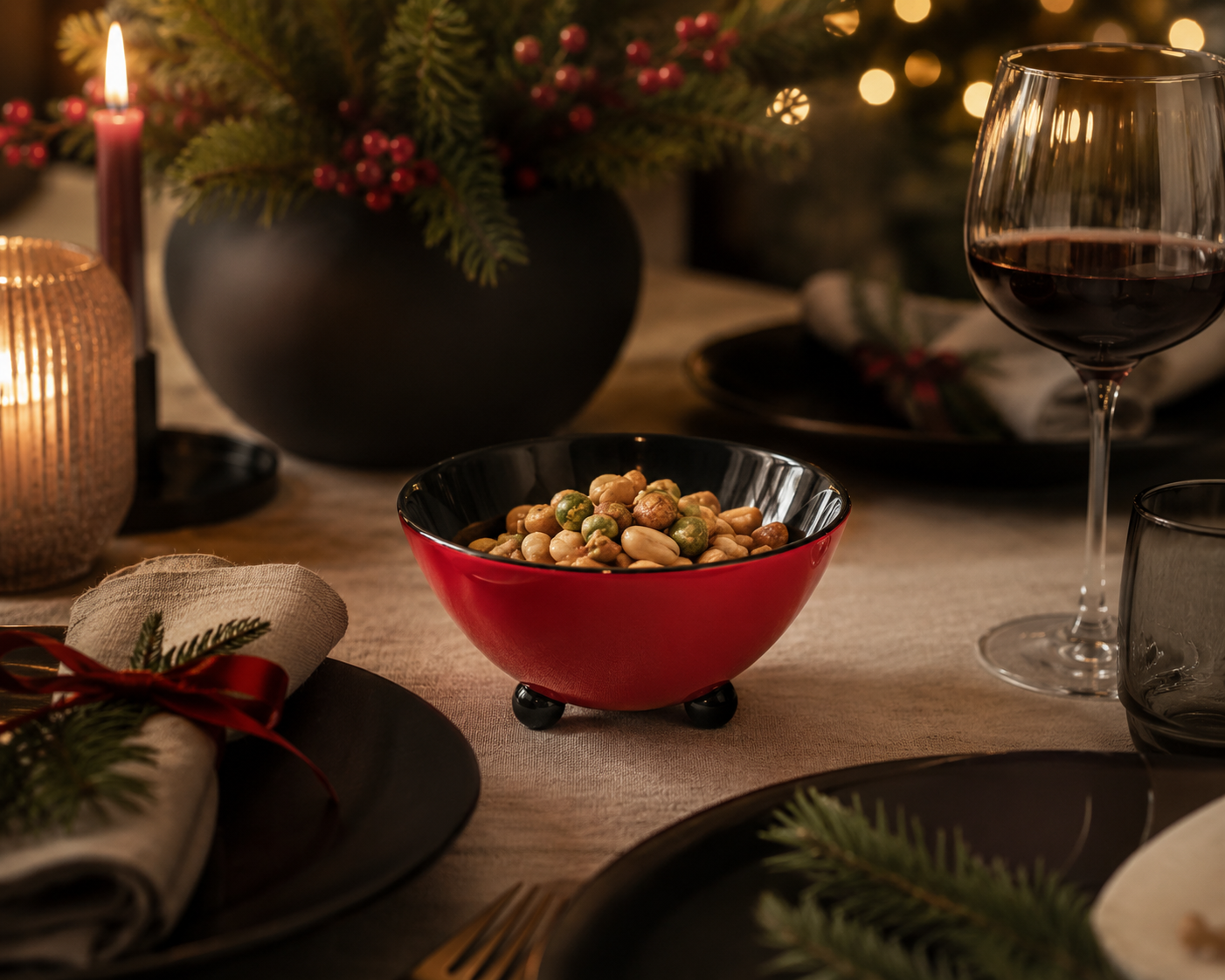 Lacquered Bowl with 3 legs - Christmas Red and Black