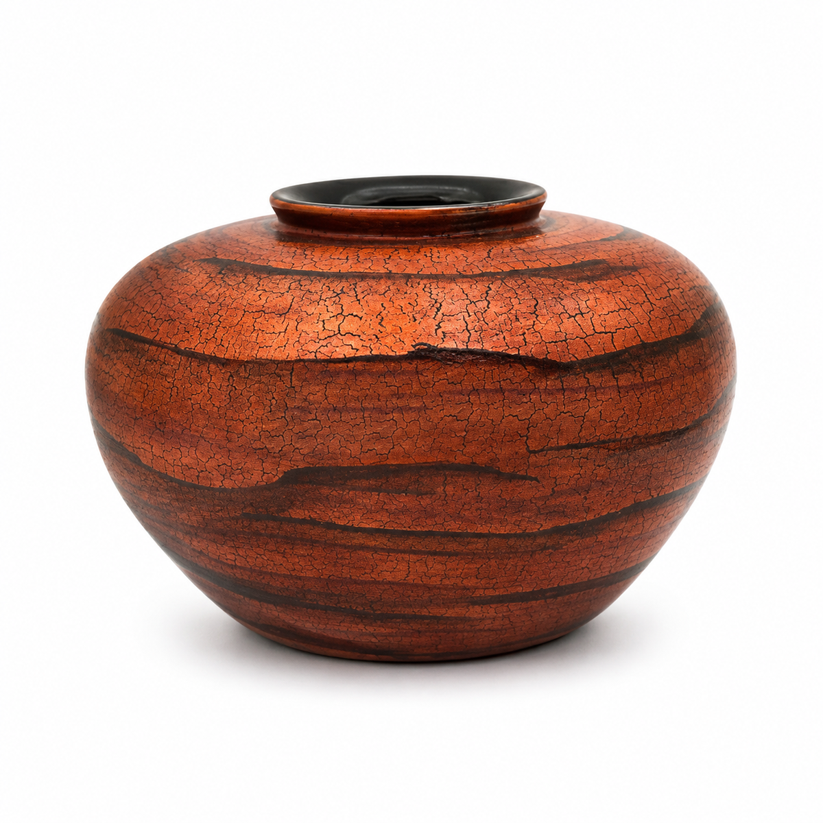 Round Painted Lacquerware Vase - Orange and Black Tree Bark Design