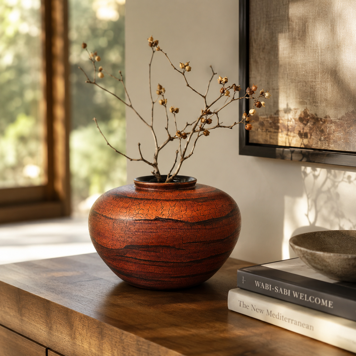 Round Painted Lacquerware Vase - Orange and Black Tree Bark Design
