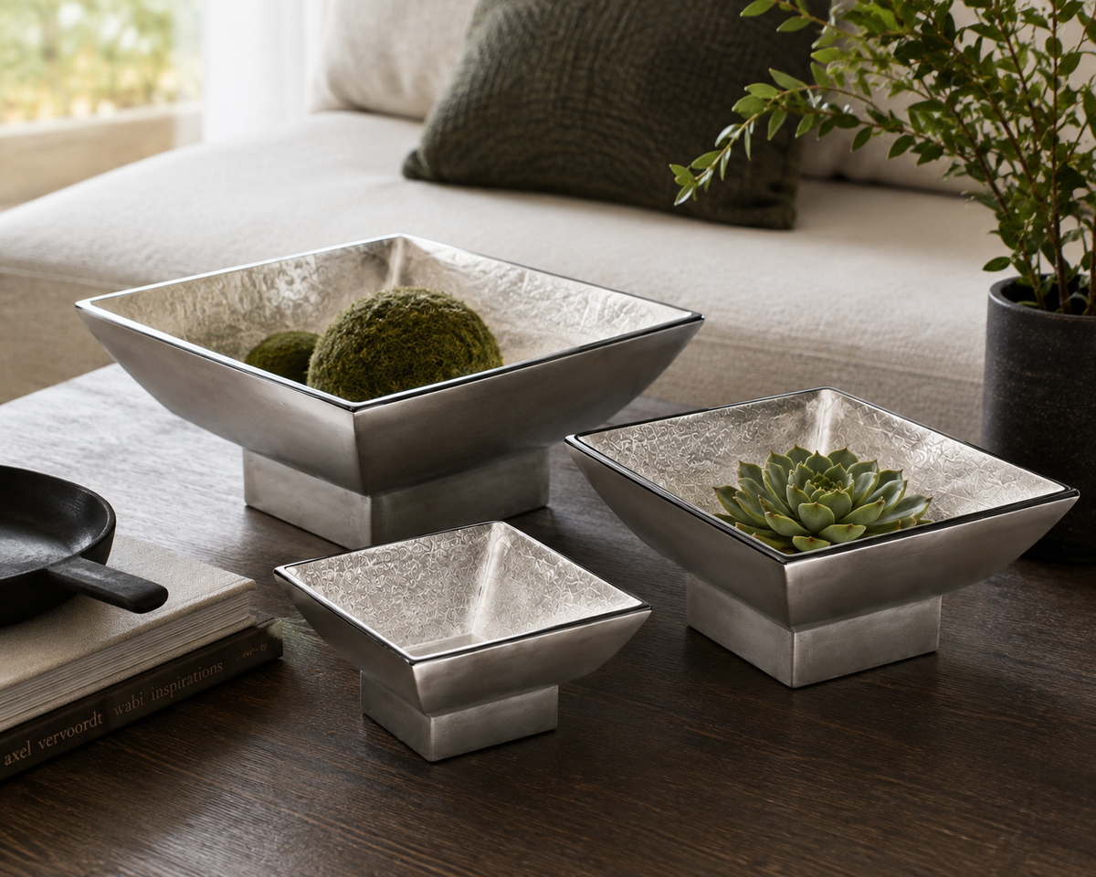 Metallic Silver Lacquerware Square Bowl Set - 3 in set