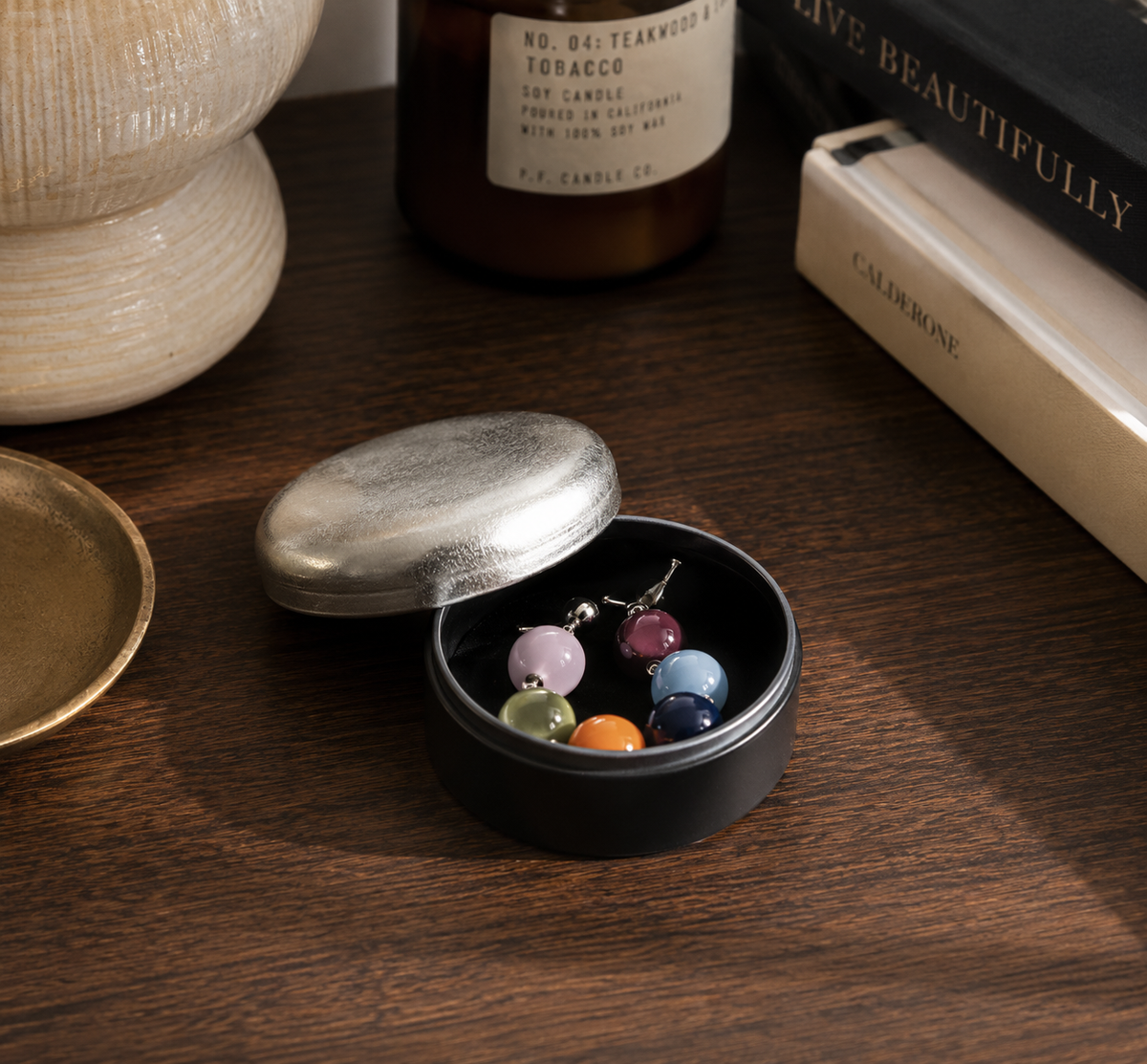 Silver Lacquered Round Trinket Box