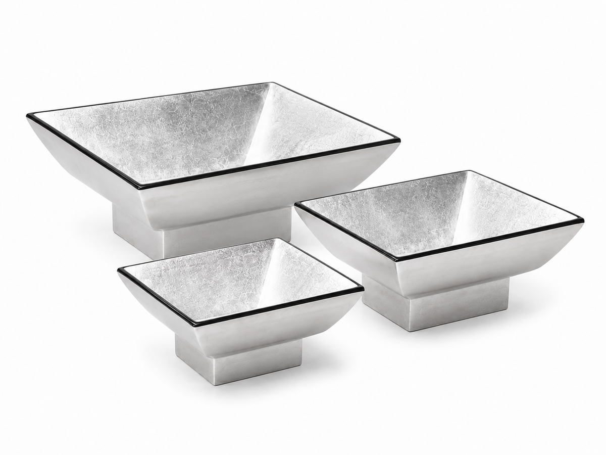 Metallic Silver Lacquerware Square Bowl Set - 3 in set