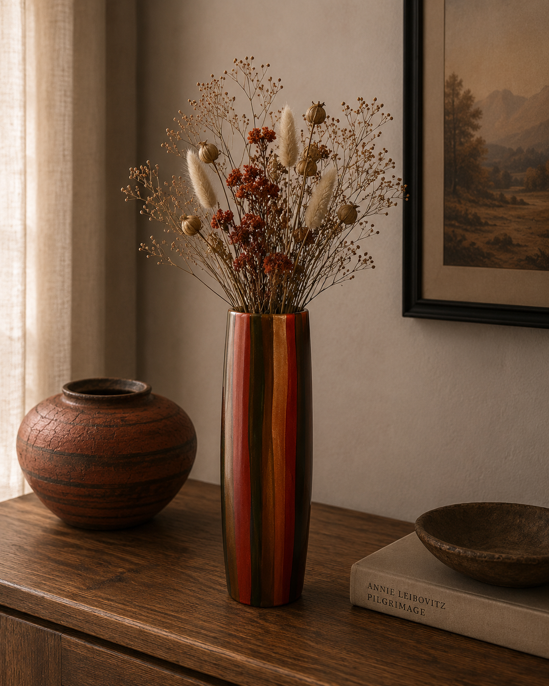 Small Lacquerware Painted Vase - Orangey Red Striped Design