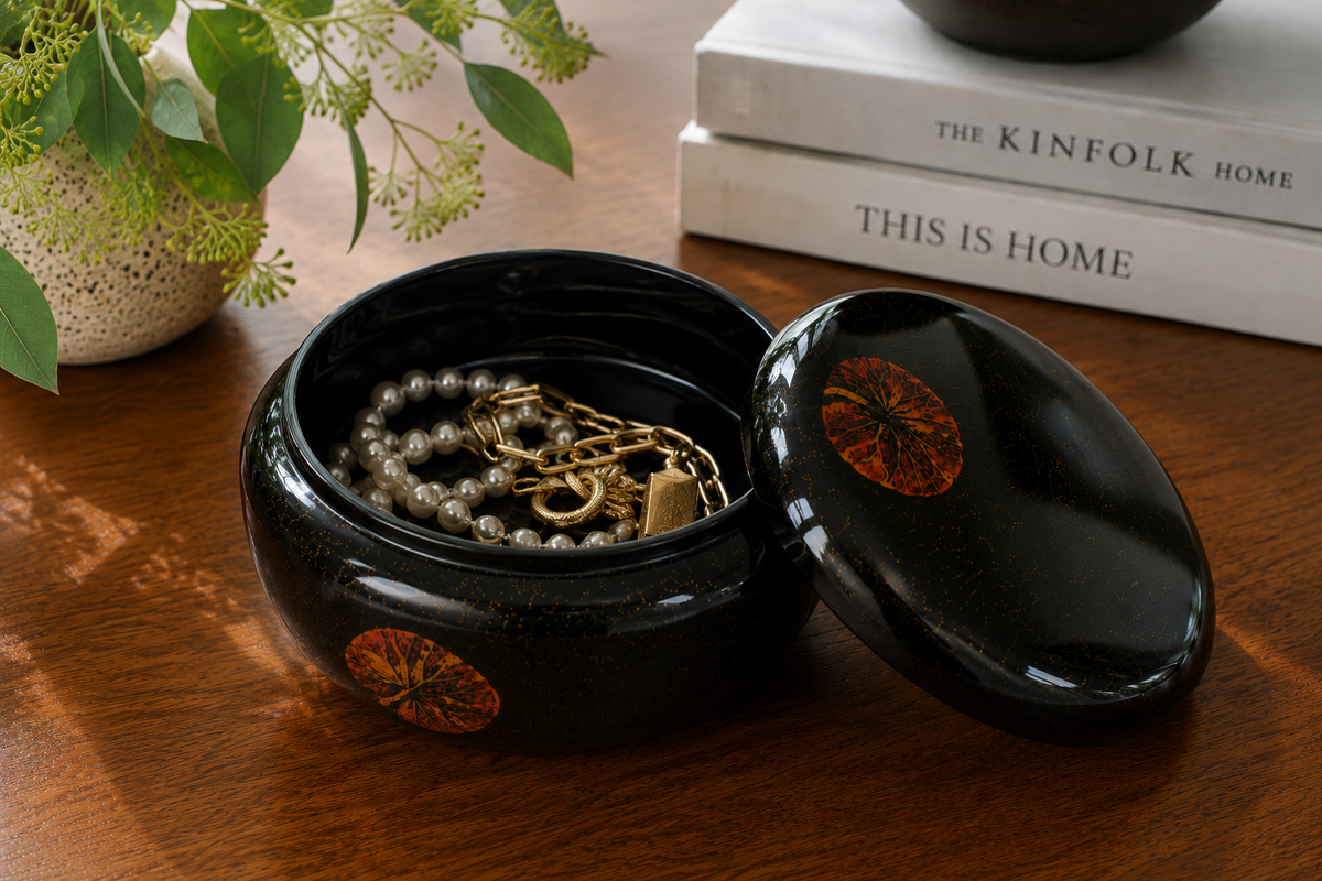 Summer Flowers Design - Handpainted Round Lacquer Candy Box with Lid