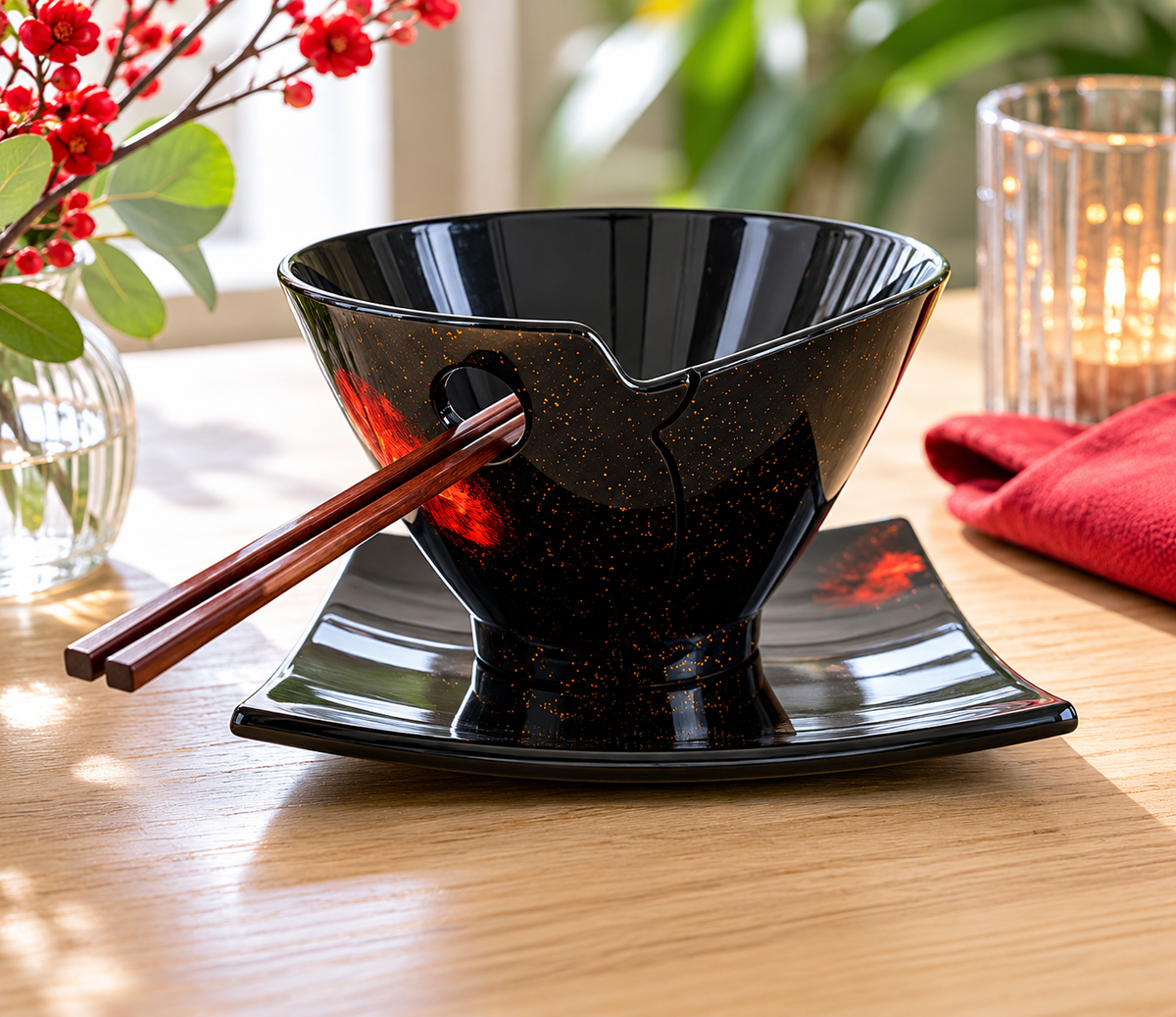 Hand-painted Black and Red Lacquer Bowl with Square Plate - Summer Flowers Design